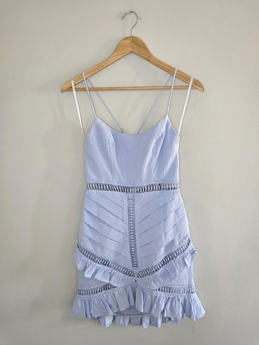 Hello Molly pale light blue crochet trim, textured ruffle mini dress, small, new